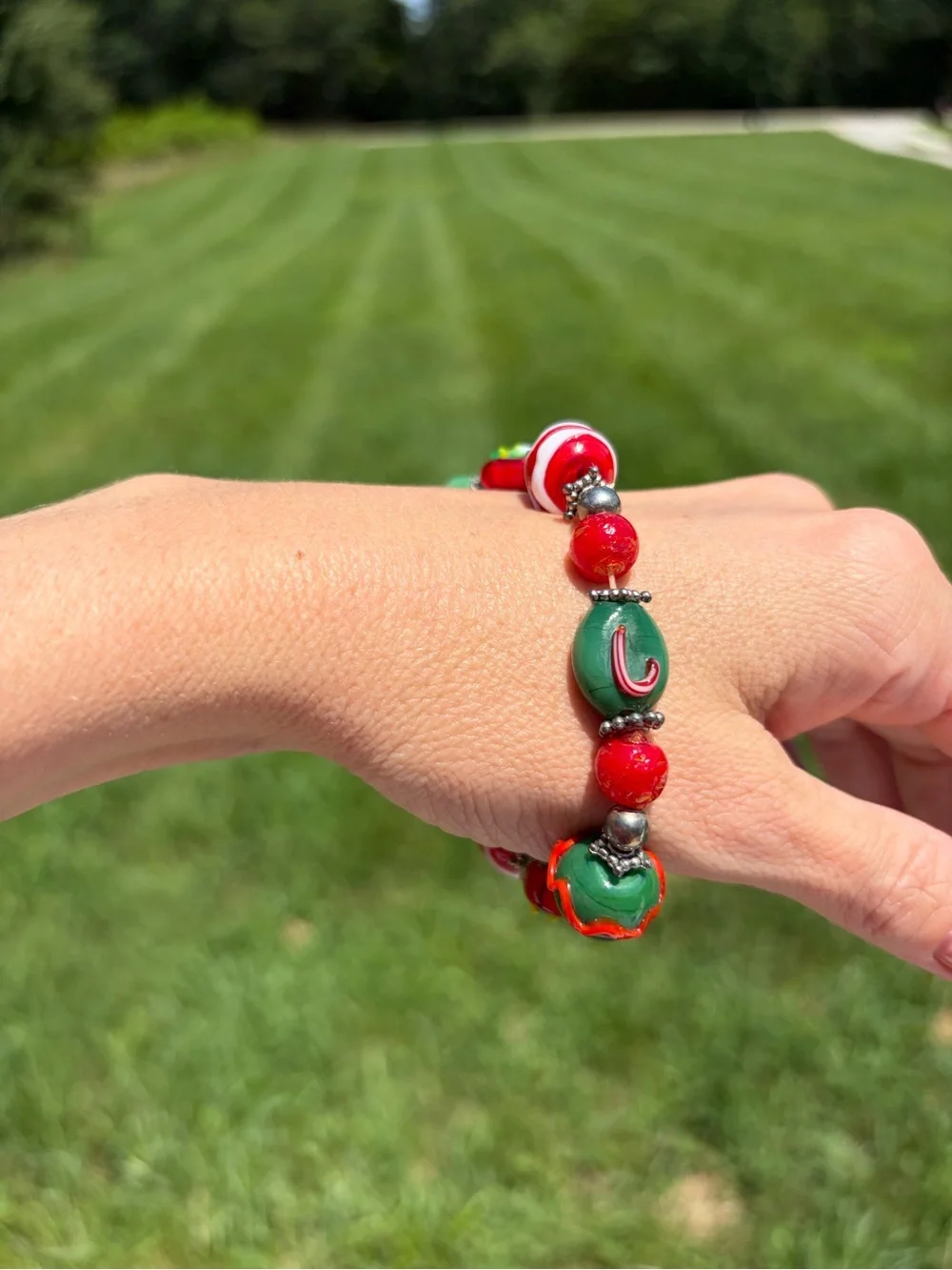 Christmas Stocking Candy Cane Tree  Jewelry Glass Beads Bracelet Stretchy